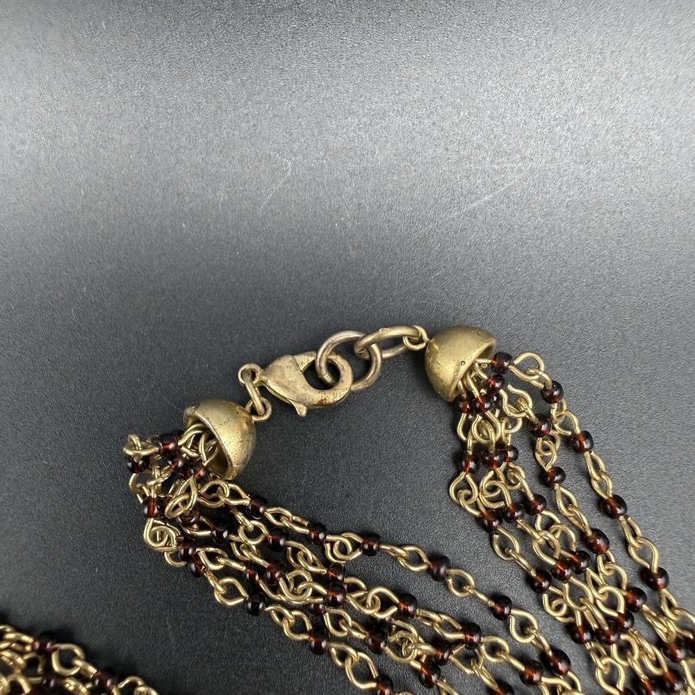 Vintage Multi Strand Gold Tone Chain Necklace Amber Glass Seed Beads Statement - Picture 4 of 7